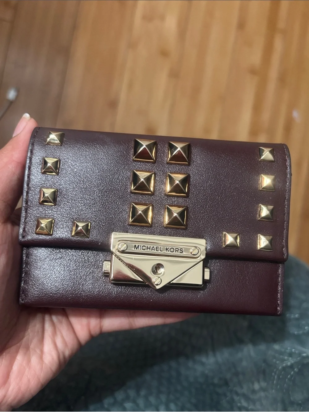 Michael Kors Plum Leather Studded Card Wallet with Gold Hardware